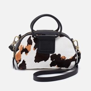 Hobo Sheila Small Mini Cow Print Hair On Leather Satchel, Black/Brown, NWT